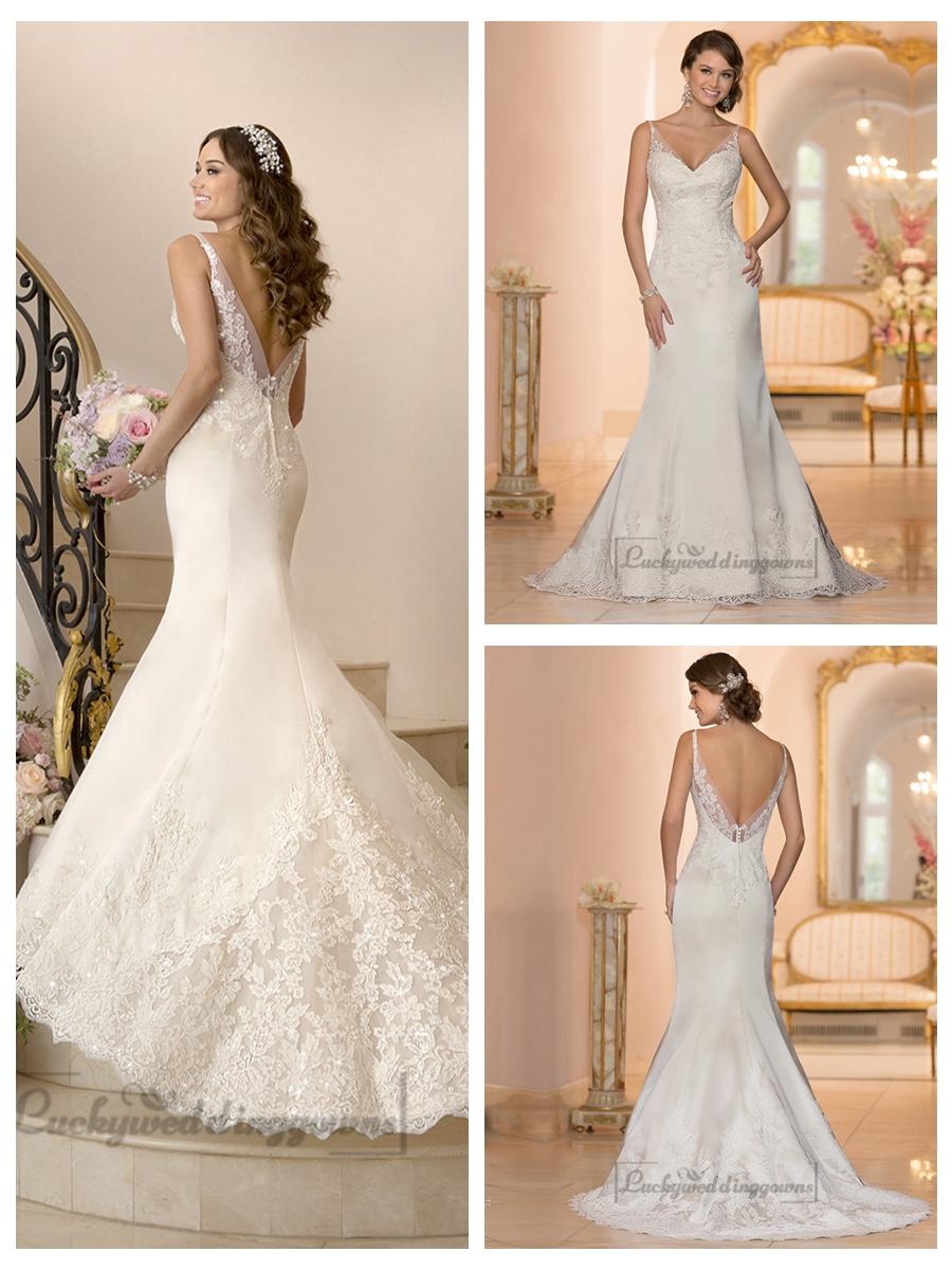 Hochzeit - Elegant Fit and Flare Illusion Straps Wedding Dresses with Deep V-back