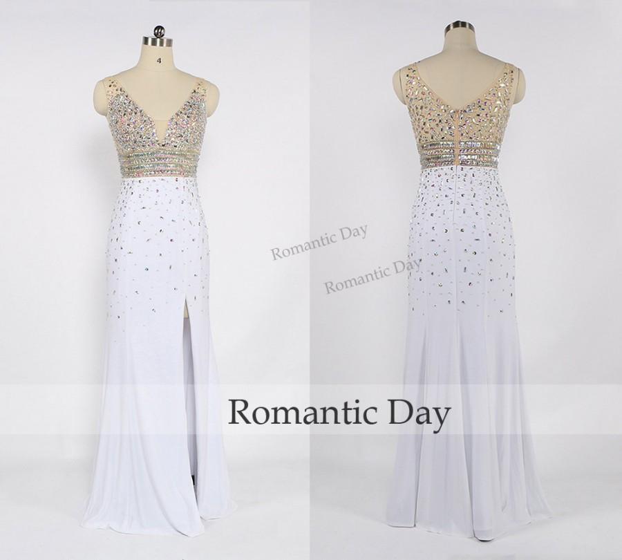Wedding - New Design Deep V-Neck Rhinestone Bodice White Side Slit Long Prom Dresses/Prom Party Dress/Custom Made 0429