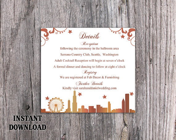 Hochzeit - DIY Wedding Details Card Template Editable Word File Download Printable Details Card Chicago Skyline Details Card Elegant Information Cards