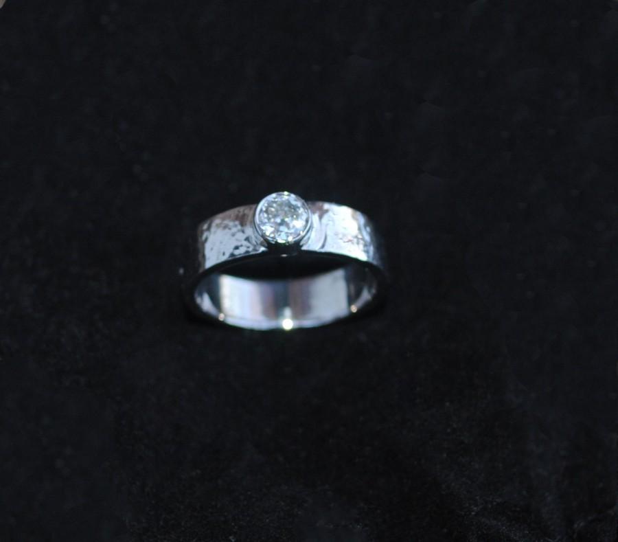 Wedding - Diamond Engagement Ring,  Handmade 4.5 MM Diamond 14kt Gold Hammered Engagement Ring