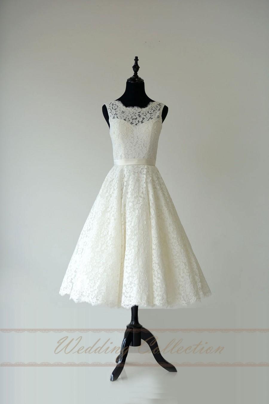 Hochzeit - Lace Wedding Dress Sheer Neckline with Waistband Tea Length Garden Bridal Dress