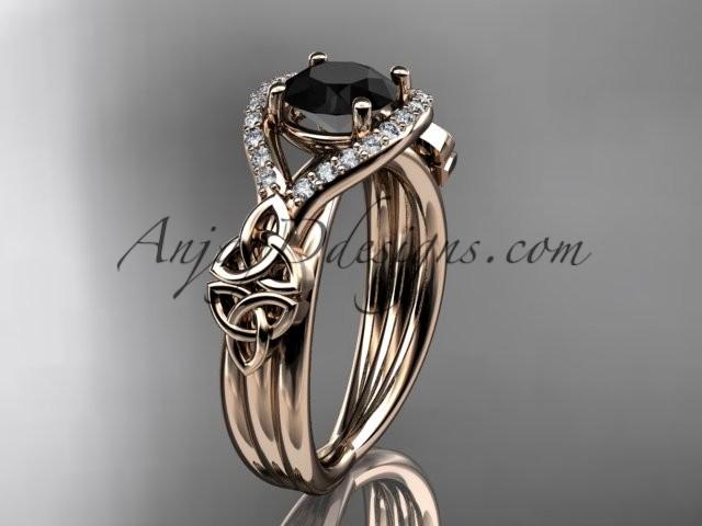 زفاف - 14kt rose gold celtic trinity knot engagement ring ,diamond wedding ring with Black Diamond center stone CT785