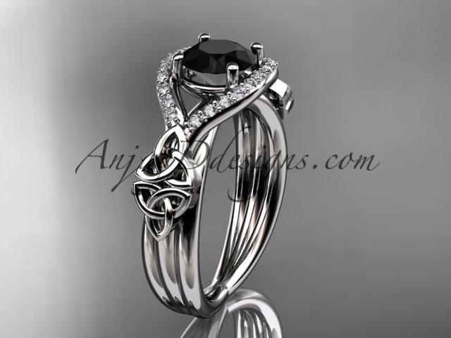 زفاف - 14kt white gold celtic trinity knot engagement ring ,diamond wedding ring with Black Diamond center stone CT785