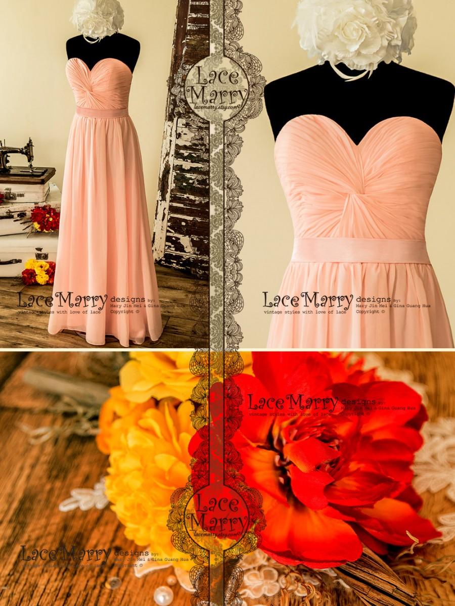Wedding - Long Bridesmaid Dress in Blush Pink Chiffon with Strapless Sweetheart Neckline featuring Wrapped Bodice, Waistline Sash and Lace-Up Closure