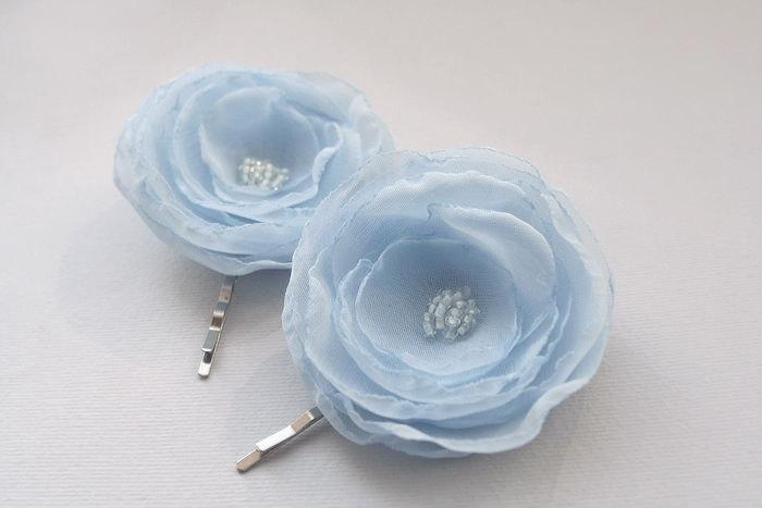 Wedding - SALE - Light Blue Flower Hair Clips, Blue Hair Flowers, Sky Blue Chiffon Flowers, Flower Hair Pins, Wedding, Something Blue Bridesmaids Gift