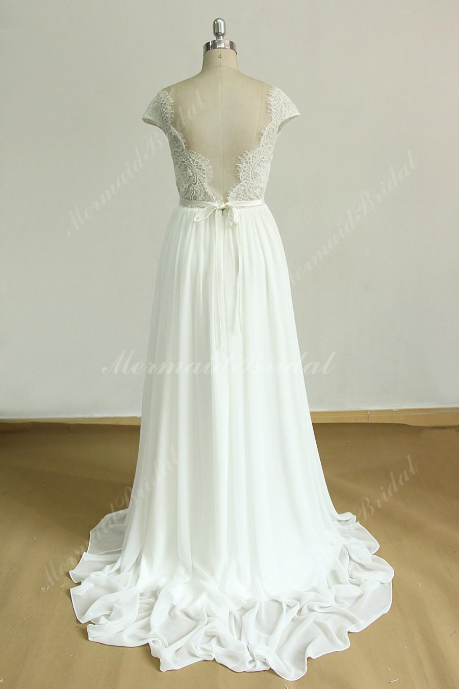 زفاف - Scallop backless chiffon lace wedding wedding dress with removable satin sash and capsleeves