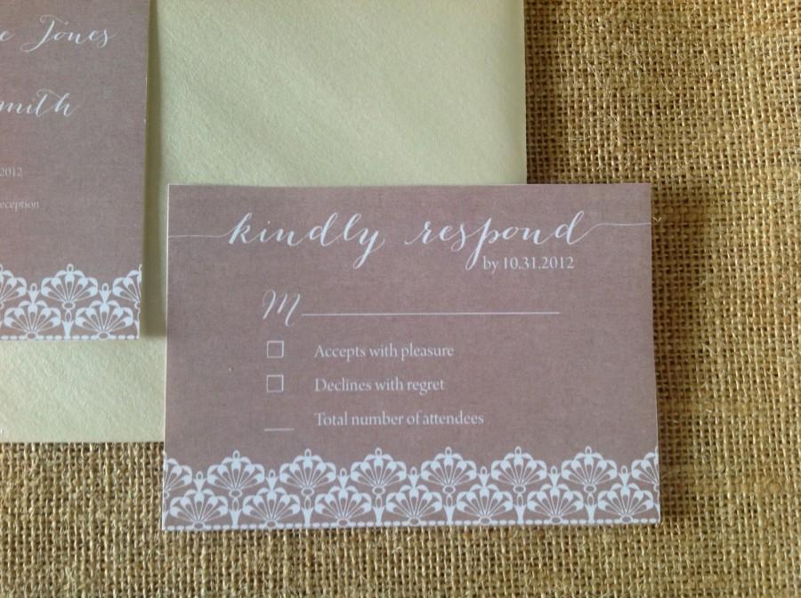 زفاف - Burlap Lace Custom Wedding RSVP Response Card DIY Printable 5x3.5"