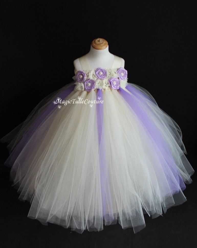 Mariage - Ivory and lavender flower girl tutu dress wedding dress gown birthday party dress toddler dress 1t2t3t4t5t6t7t8t9t10t