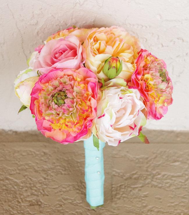 زفاف - Bouquet of Silk Peonies and Ranunculus Coral Peach Natural Touch Flower Wedding Bride Bouquet - Almost Fresh