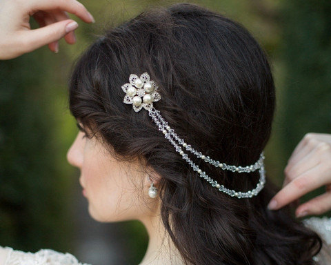 Wedding - Draped Wedding Crystal and Pearl Headpiece, ALYSON