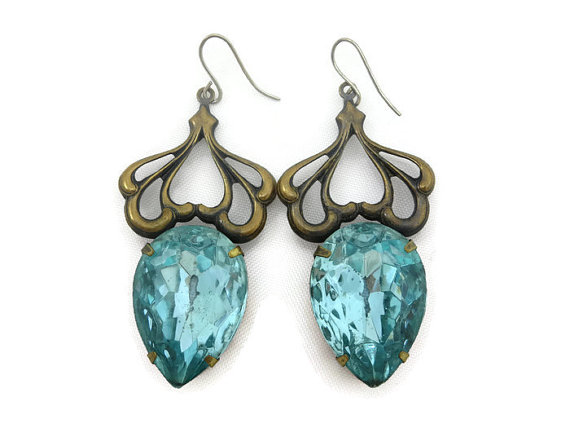 Wedding - Aqua Blue Rhinestone Earrings - Large Bold, Art Nouveau, Bridal Costume Jewelry