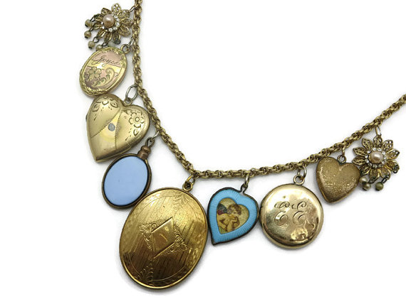 زفاف - Charm Necklace - Vintage and Antique Charms, Fob, Lockets , Hearts, 12k Gold Fill Chain