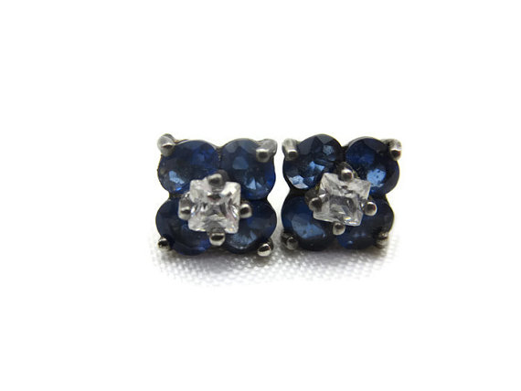 Hochzeit - Sterling Earrings - Sapphire Blue Glass, Clear CZs, Silver, Post Pierced, Small, Studs