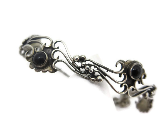 Mariage - Sterling Onyx Bracelet - Gothic, Cuff, Vintage Silver Jewelry