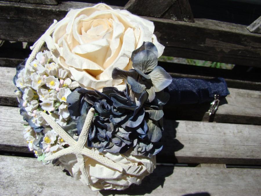 Wedding - Nautical Bridesmaids Bouquet, Starfish, Nautical Bouquet, Beach Bouquet,  Navy Blue, Starfish