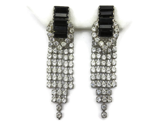 Hochzeit - Rhinestone Fringe Earrings - Black and Clear Stones, Pierced, Bridal Wedding