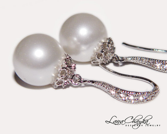 Mariage - Bridal White Drop Pearl Earrings Sterling Silver Cz White Pearl Earrings Swarovski 10mm Pearl Earrings Wedding Earrings FREE US Shipping