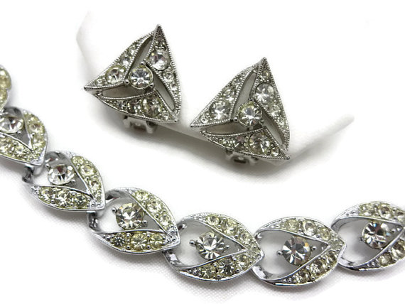 زفاف - Rhinestone Bracelet and Earring Set - Bogoff and Sarah Coventry, Clip Earrings, Estate Jewelry, Clear Rhinestones, Wedding Jewelry