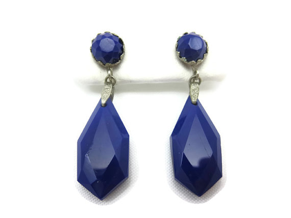 Hochzeit - Blue Glass Earrings - Cobalt Art Deco Czech Glass