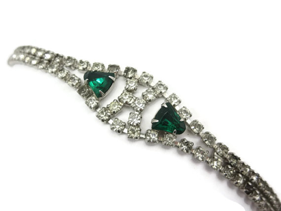Свадьба - Rhinestone Bracelet - 1950s Costume Jewelry Bridal Green