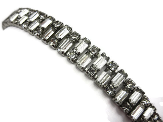 Wedding - Art Deco Bracelet - Vintage Rhinestone Bridal Jewelry Sterling Silver Clear Stones