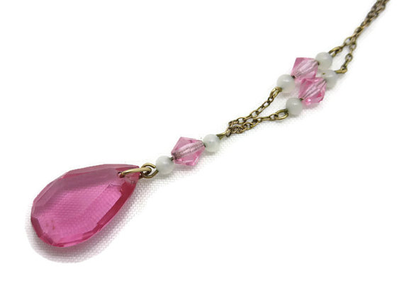 Wedding - Art Deco Necklace - Lavalier, Faceted Pink Glass Stone Crystal Drop Necklace, Bridal