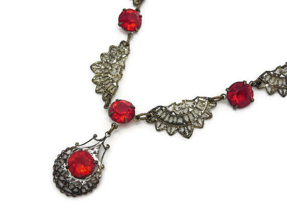 Hochzeit - Art Deco Necklace - Red, Filigree, Lavalier, Costume Jewelry