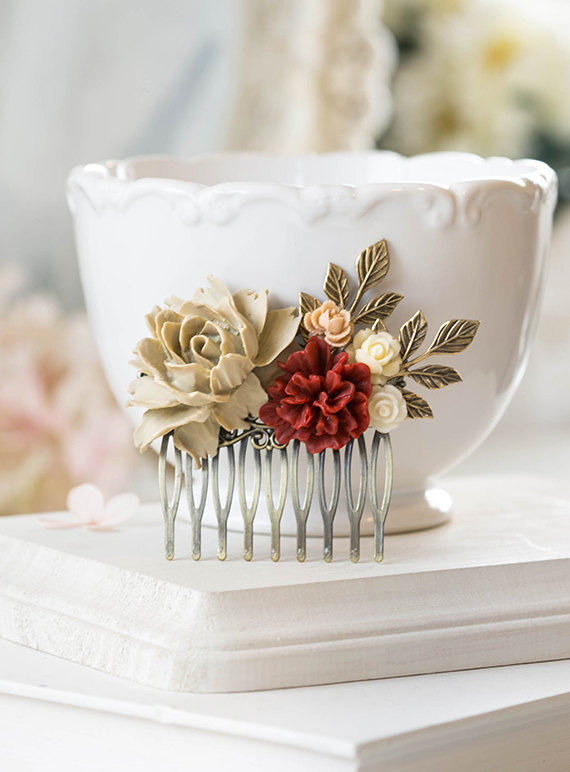 Wedding - Vintage Inspired Wedding Floral Bridal Hair Comb Red Burgundy Khaki Almond Apricot Ivory Flowers Brass Leaf Collage Hair Comb Woodland Hair