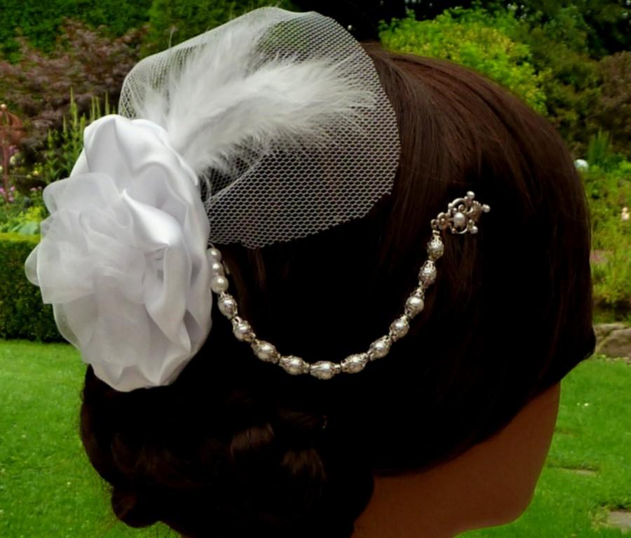 Hochzeit - Noble Wedding hair headdress in white with flower and veil