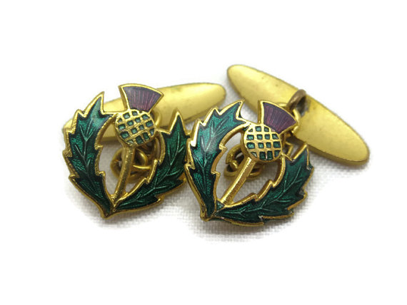 Mariage - Enamel Thistle Cufflinks - Guilloche, Purple and Green, Gilt, 1920s, Scottish, Grooms Gift