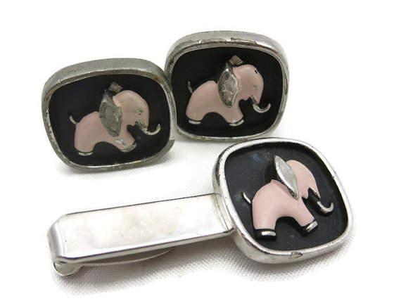 Mariage - Mid Century Cufflinks and Tie Clip Set - Hickok, Pink Elephant, Silver, Cuff Links