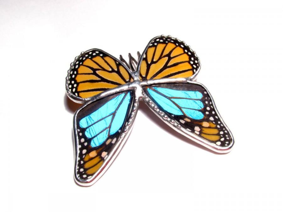 زفاف - Wedding Hair Comb / Real Monarch blue Morpho Butterfly Pendant / Something Blue