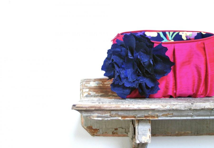 Hochzeit - Navy bridesmaid clutches, Personalized bridesmaid gifts, Fuchsia pink silk clutches, Wedding clutch, Makeup bag, Bridal clutch, Wedding bag