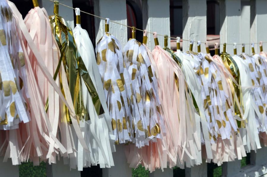 Hochzeit - BLUSH PINK, gold, white and gold polka-dot tassel garland / Gender Reveal Decor/ Baby Girl Shower / Wedding Decoration / Bridal Shower Decor