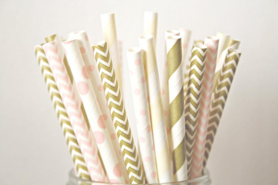 Hochzeit - Blush Pink, CHampagne and Gold Paper Straws, Blush and Gold Wedding Decor, Baby Shower Decorations, Shabby Chic Rustic Buffet Table