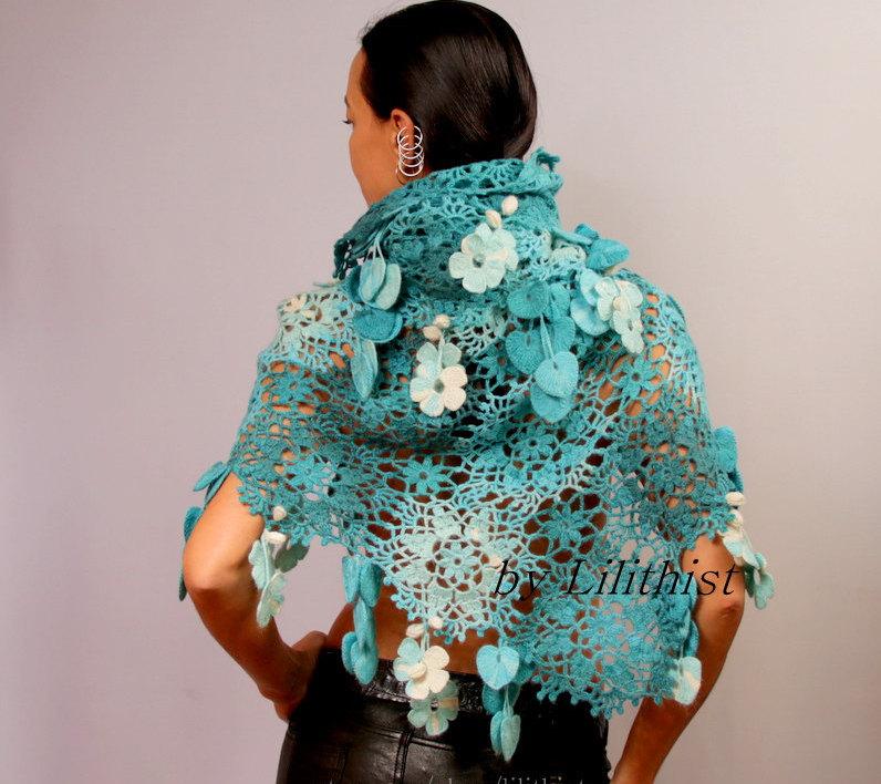 Hochzeit - Turquoise Blue Shawl Wrap, Crochet Lace Shawl, Boho Wedding Wrap, Flower Shawl, Angora, Turquoise, Oversized Shawl, Cover Up Women Accessory