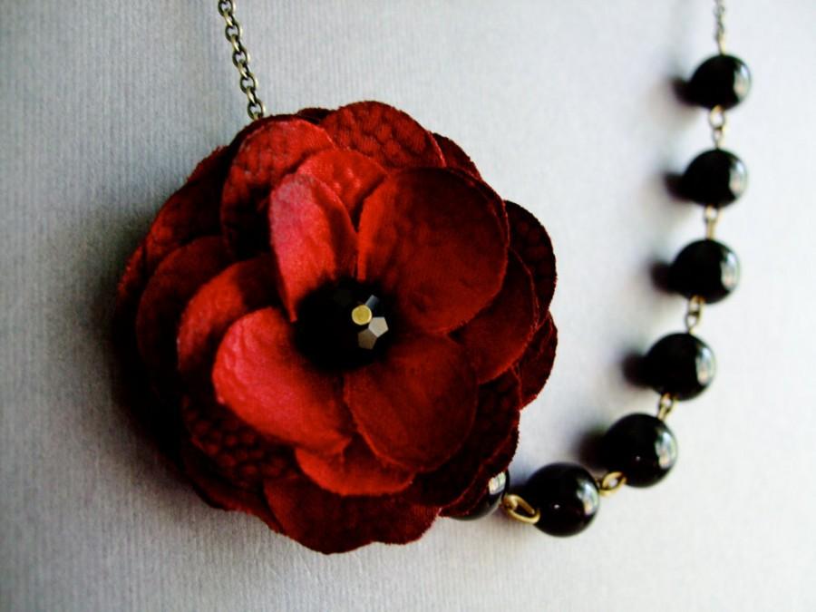Wedding - Red Flower Necklace,Red Floral Necklace,Black Pearl Necklace,Bridesmaid Necklace,Bridesmaid Gift,Wedding Jewelry Set,Statement Necklace,Gift