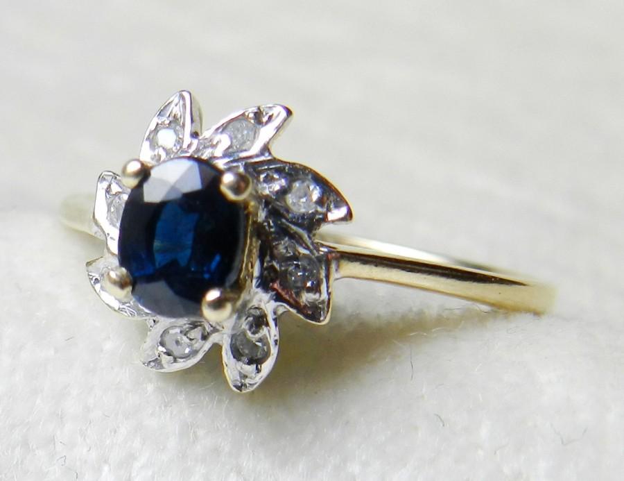 Wedding - Vintage Blue Sapphire Engagement Ring Sapphire Ring Sapphire Diamond Halo Engagement Ring Genuine Sapphire 14K September Birthday