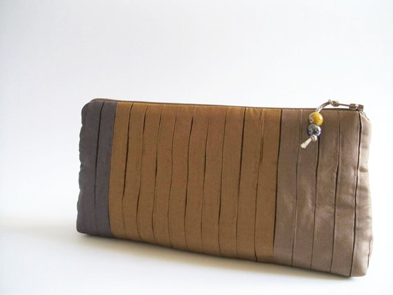 زفاف - Elegant Pleated Clutch for Sister, Bag in Dark Chestnut - UC Berkeley Gold - French Lilac Stripes, Evening Cosmetic Handbag