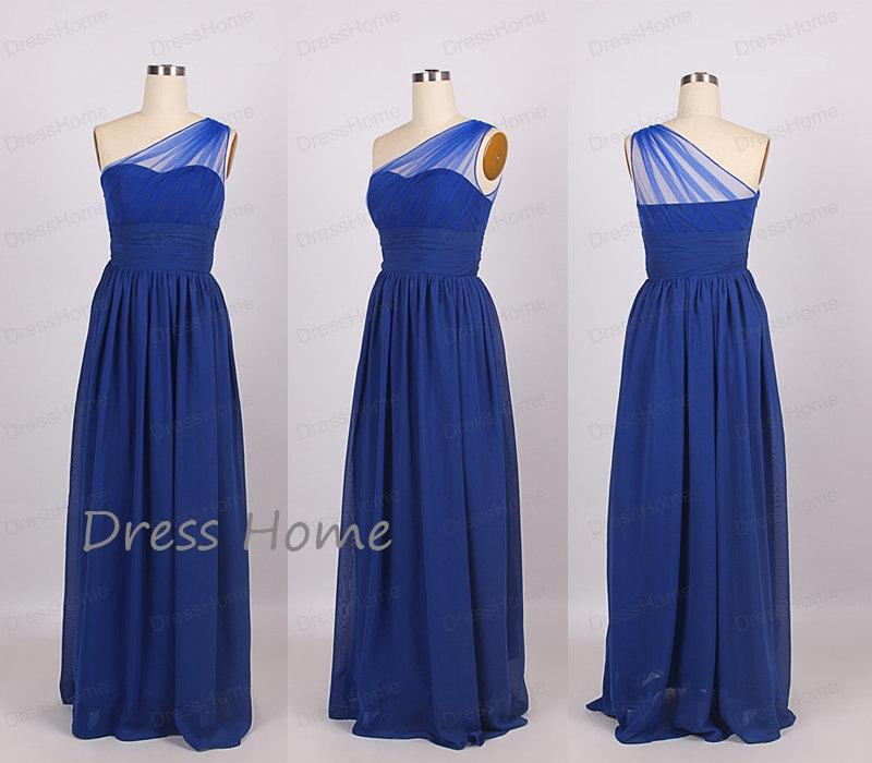 Hochzeit - Royal Blue One Shoulder Tulle Chiffon Bridesmaid Dress/A Line Prom Dress / One-shoulder Prom Dress /Homecoming Dress/Simple Party DressDH210