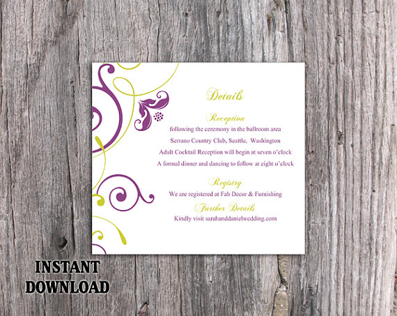 Hochzeit - DIY Wedding Details Card Template Editable Word File Download Printable Purple Details Card Green Details Card Elegant Information Cards