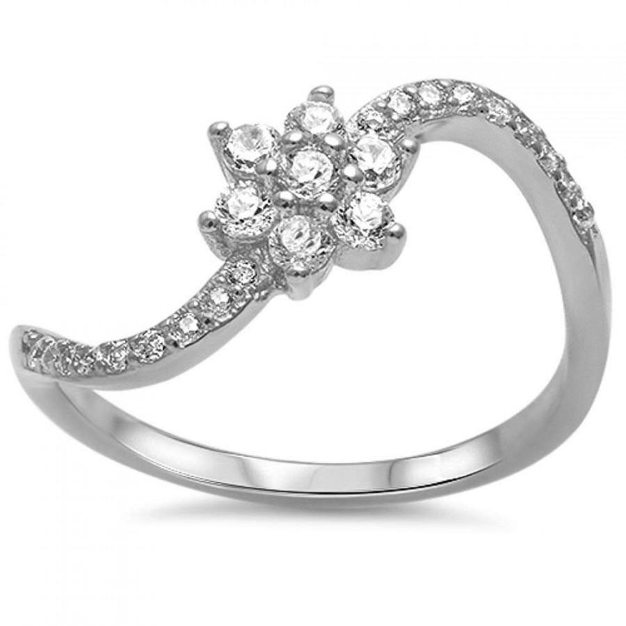 زفاف - Flower Cluster Swirl Design Curvy Ring Solid 925 Sterling Silver Round Russian Diamond Clear CZ Flower Petite Dainty Engagement Wedding Ring