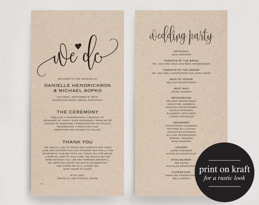 Mariage - Wedding Program Template, Wedding Program Printable, We Do, Ceremony Printable Template - PDF Instant Download, Kraft, DIY 