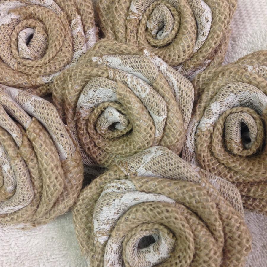 زفاف - Burlap Rose With Lace-DIY Decorations-10 Roses