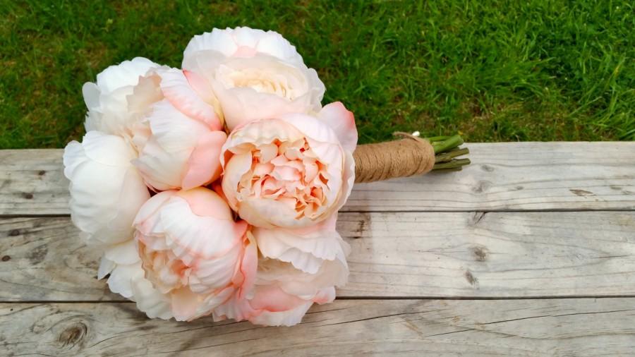 Свадьба - PINK & WHITE PEONY Wedding Bouquet made with Real Touch Silk Peony Flowers Rustic Vintage Flowers