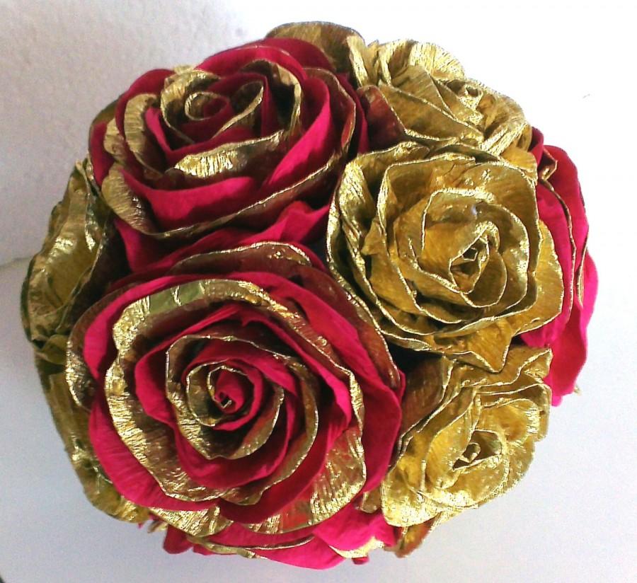 Mariage - Gold royal red Crepe Paper Flowers ball Wedding decor birthday baby shower Table Flower Girl Pomander kissing ball CENTERPIECE Christmas