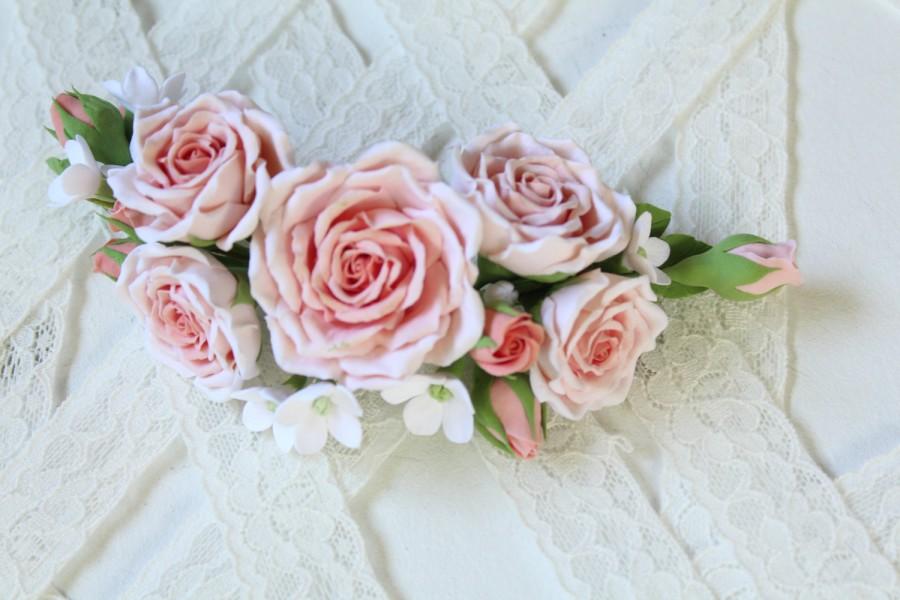 Wedding - Pink peach roses in bud White small piece of hair color. Bride hair. wedding. Bridesmaids Ready to Ship.