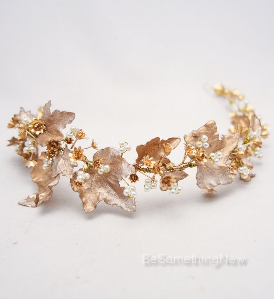 زفاف - Gold Bohemian Rustic Wedding Wreath bridal crown Headpiece of Golden Babies Breath and Gold Fabric Leaves Flower Crown Headband Boho Wedding