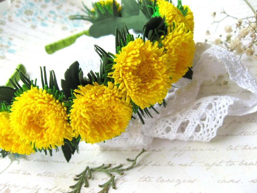 Hochzeit - Yellow flower crown Dandelion Rustic head wreath Botanical flower headband yellow Bridal floral crown Wedding headband yellow dandelion