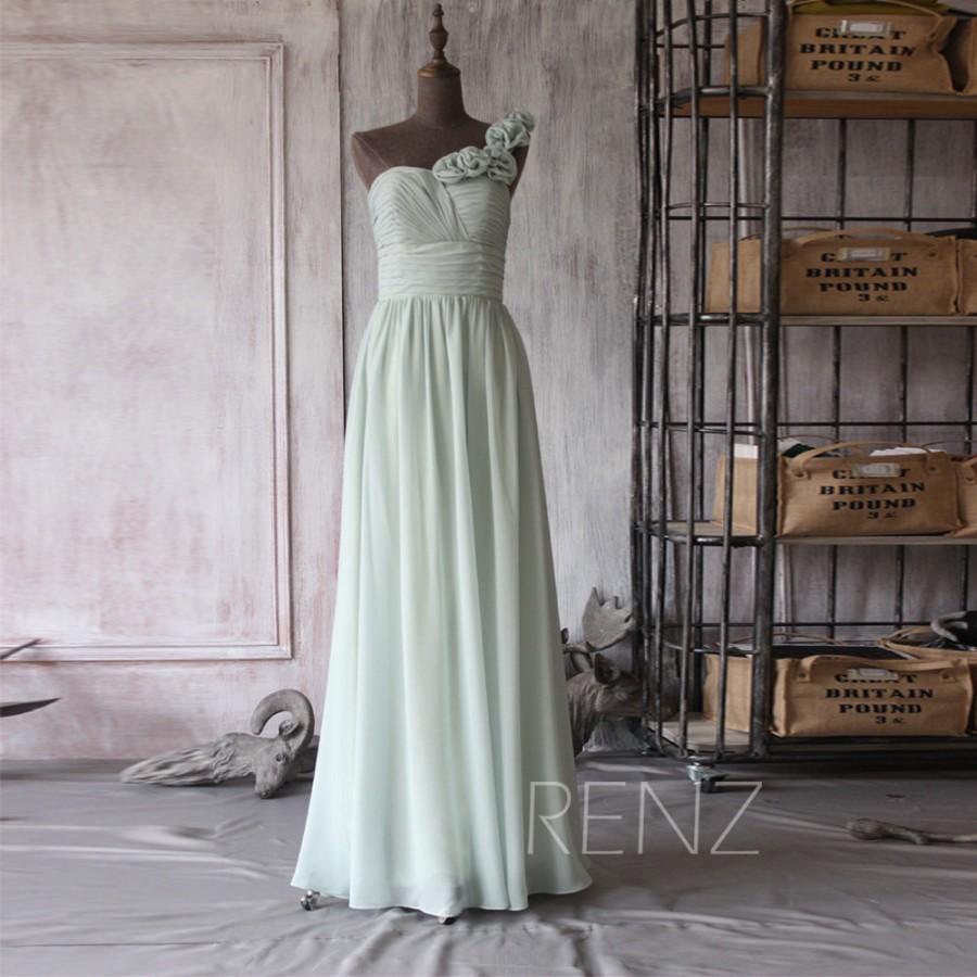 زفاف - 2015 Dusty Shale Bridesmaid dress, One Shoulder Wedding dress, Long Chiffon Rosette dress, Backless A Line Maxi dress floor length (F082)